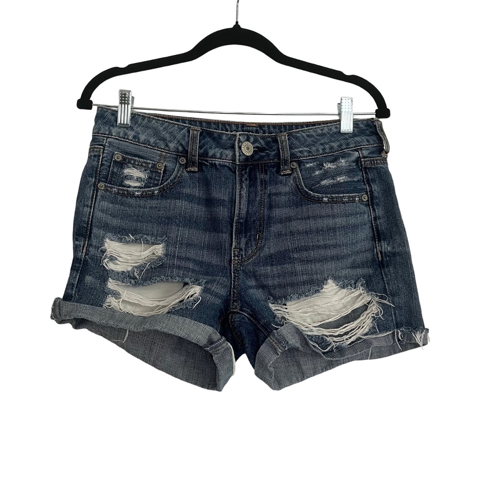 American Eagle Denim Shorts Womens 4 Blue Good Distressed Cuffed Raw Hem Y2K